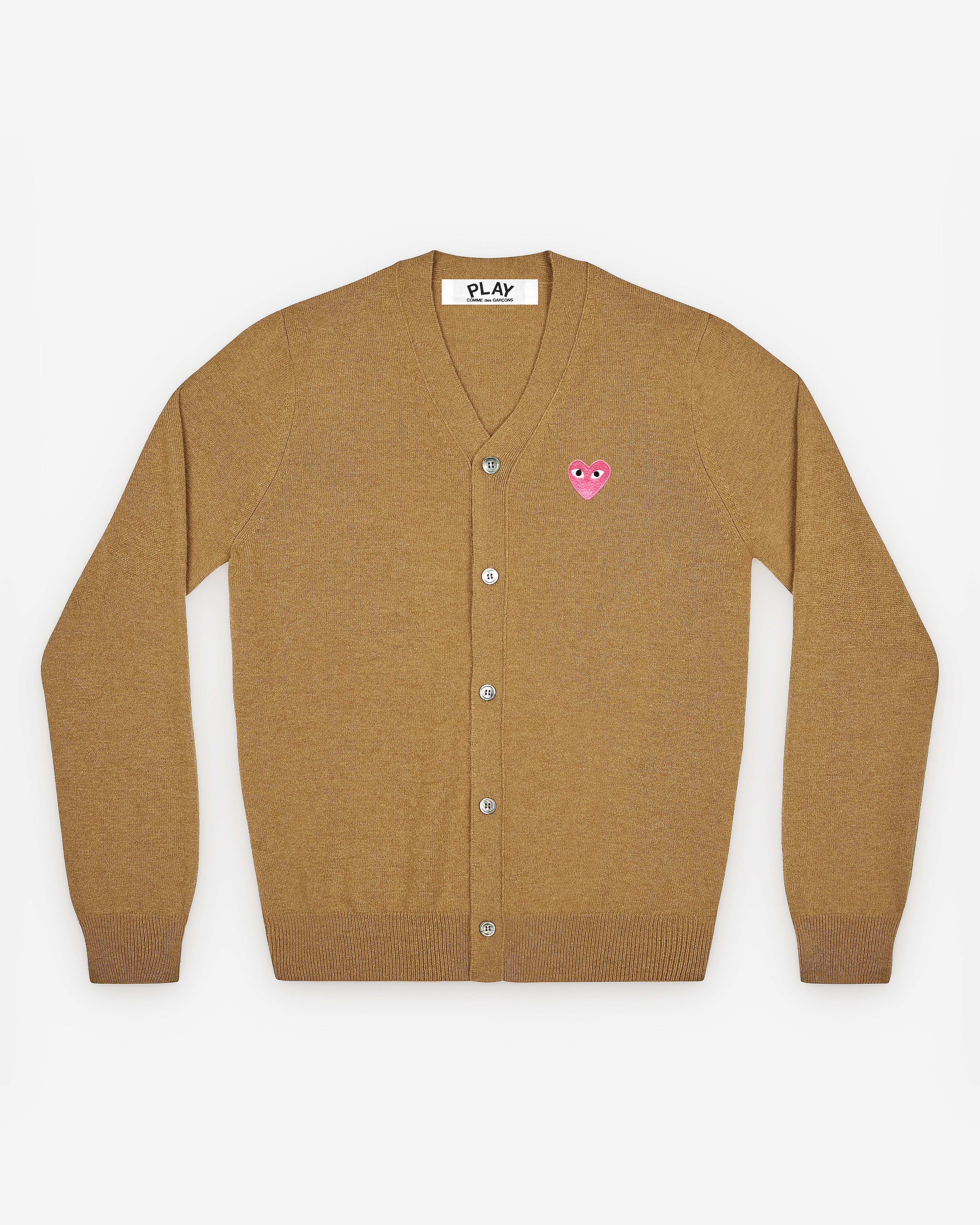 Play: Small Pink Heart V-Neck Cardigan (Camel) | DSMS E-SHOP