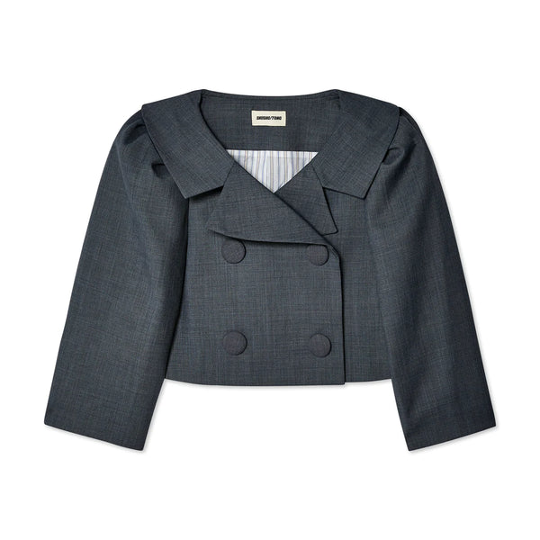 SHUSHU/TONG - Women's Puff-Sleeved Lapel Collar Short Jacket - (Grey)