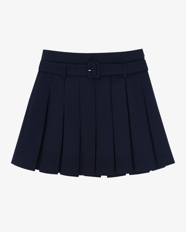 SHUSHU/TONG - Women's Belt-Embellished Pleated Skirt - (Navy Na100)