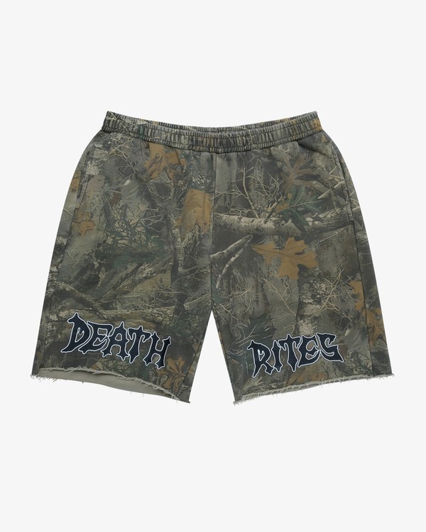 DEATH RITES - Men's Script Cut-Off Sweat Shorts - (Tree Camo)