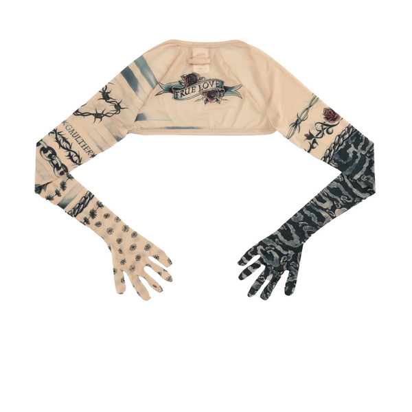 Jean Paul Gaultier_Jean Paul Gaultier - KNWLS Women's "Trompe L'Oeil Tatoo" Long Sleeves Shrug - (630200 NUDE/GREY/BLACK)_TOPS