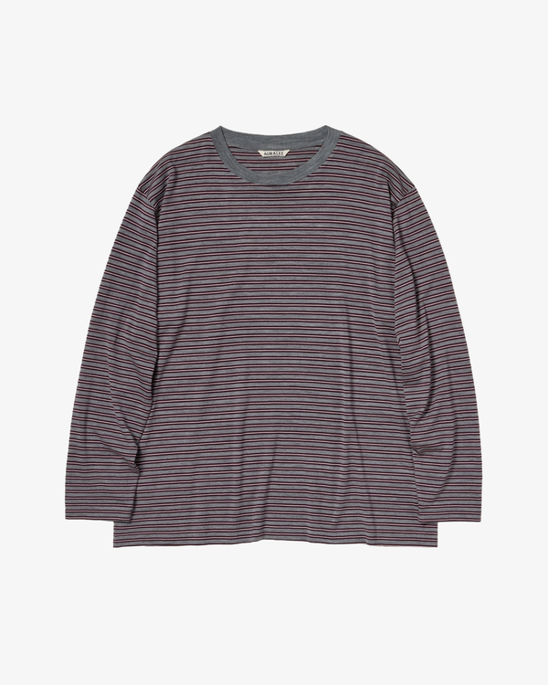 AURALEE - Men's Soft Smooth Wool Stripe Jersey Long Sleeve Tee - (Grey)