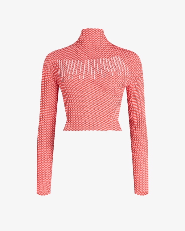 Jean Paul Gaultier - Women's Viscose  Gingham Illusion Asymetric Collar Sweater - (Red)