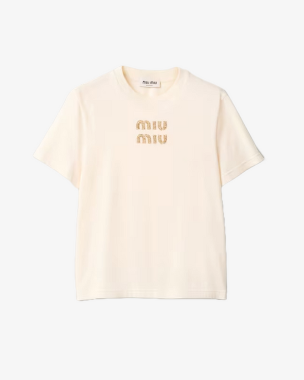 カジュアル【MiuMiu】ロゴストライプコットンジャージーTシャツ カジュアル【MiuMiu】ロゴストライプコットンジャージーTシャツ