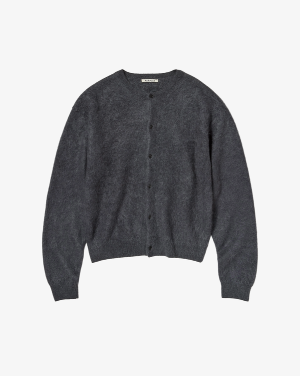 AURALEE - Men's Garment-Dyed Baby Alpaca Fur Knit Crew-Neck Cardigan - (Dark Grey)