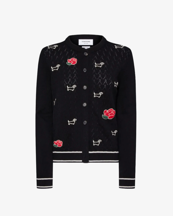 THOM BROWNE - Women's Emb Hector And Rose Pointelle Cardigan - (Black)