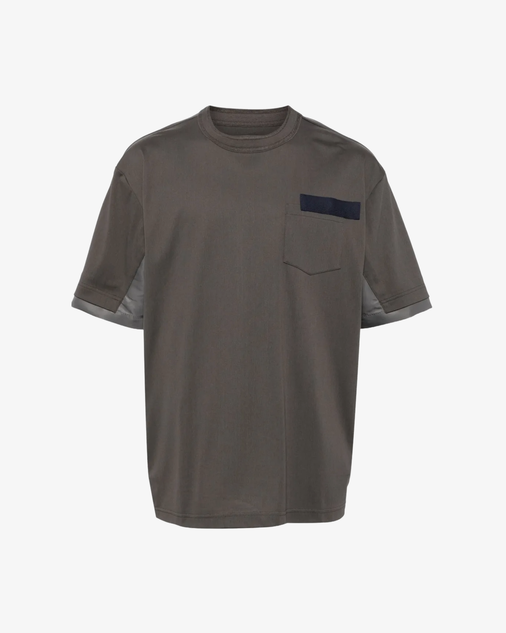 SACAI: Men's Nylon Twill X Cotton Jersey T-Shirt (Grey 339 SACAI: Men's Nylon Twill X Cotton Jersey T-Shirt (Grey 339