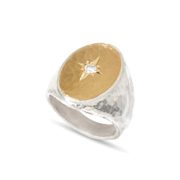 Malcolm Betts_MALCOLM BETTS - Silver and 18k Yellow Gold Oval Signet Ring with Star Diamond_RINGS