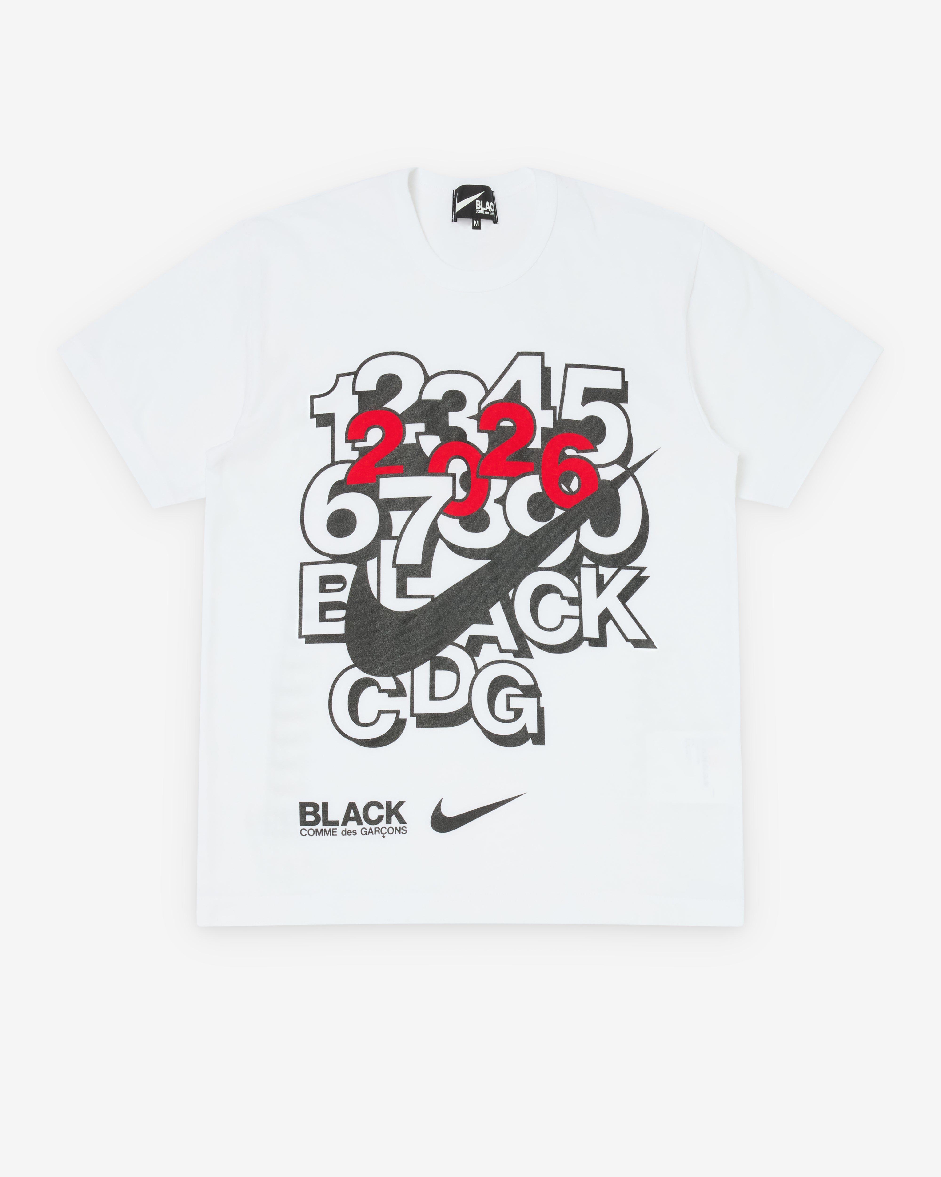 Black Comme des Garçons: Men's 2026 Swoosh T-Shirt (White) | DSMS