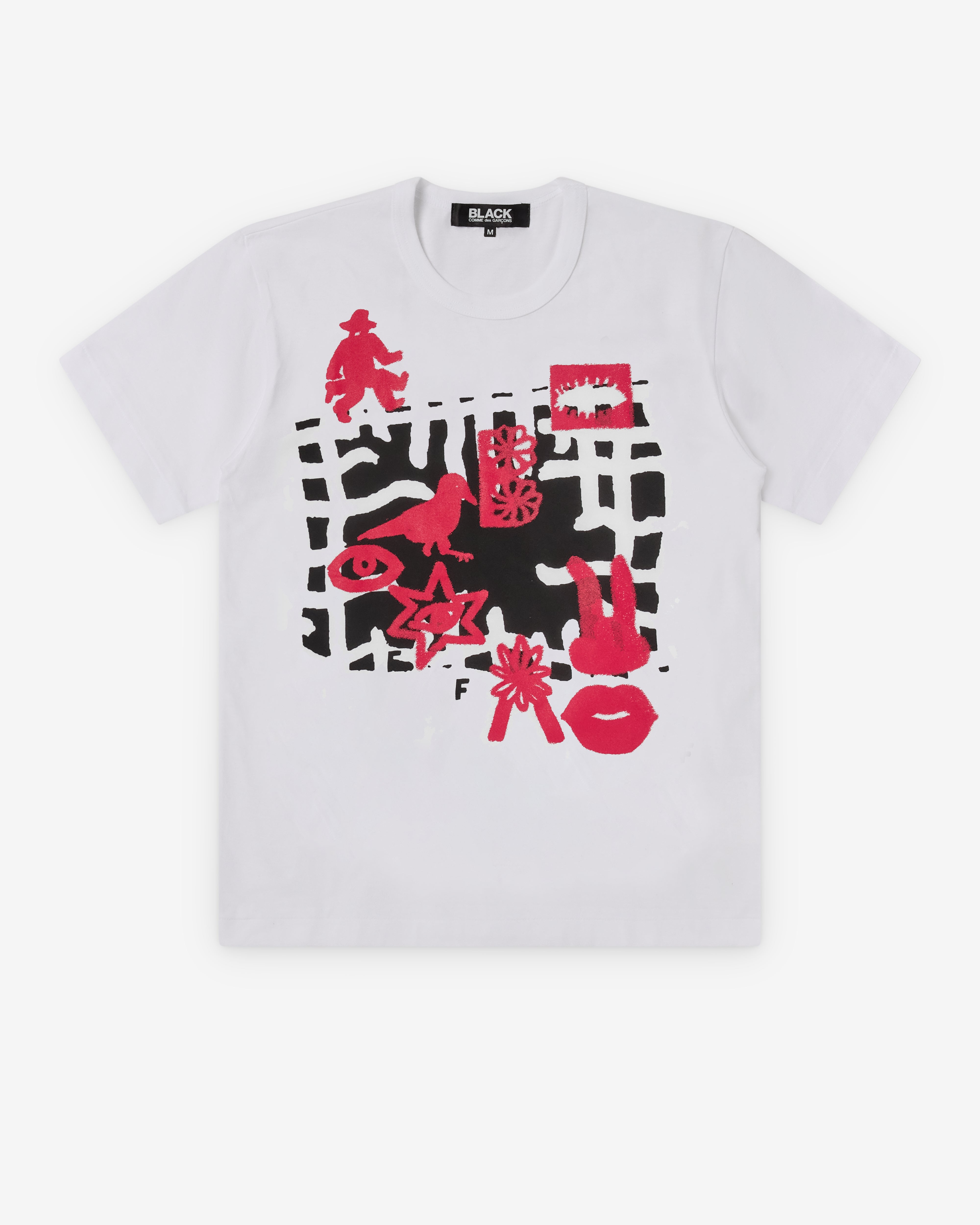 Black Comme des Garçons: Men's Red Print T-Shirt (White) | DSMS E-SHOP