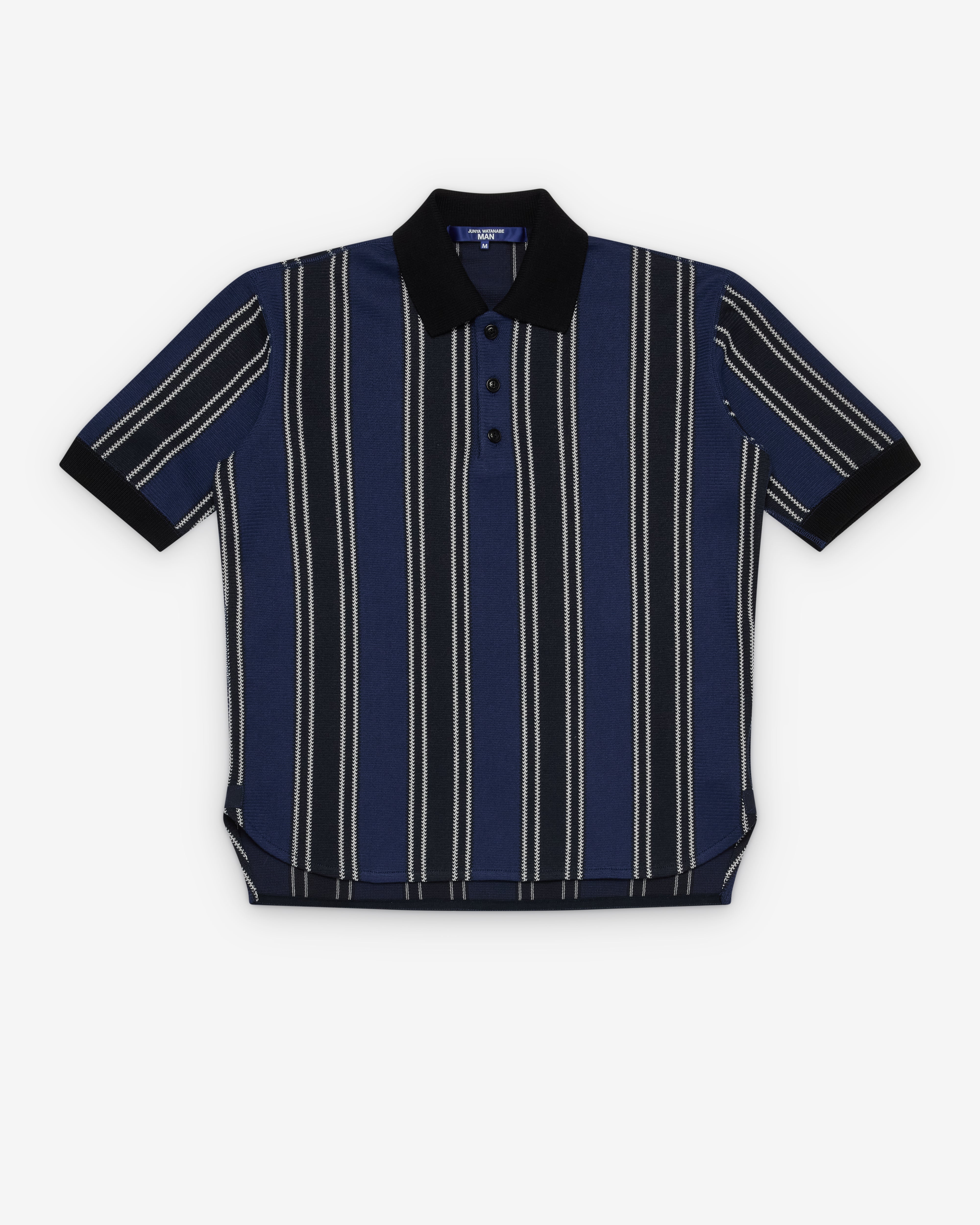 Junya Watanabe Man: Men's Knit Short Sleeve Polo (Navy/Black Junya Watanabe Man: Men's Knit Short Sleeve Polo (Navy/Black