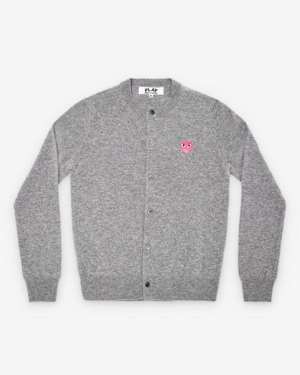 Play - Small Pink Heart Round Neck Cardigan - (Light Grey)