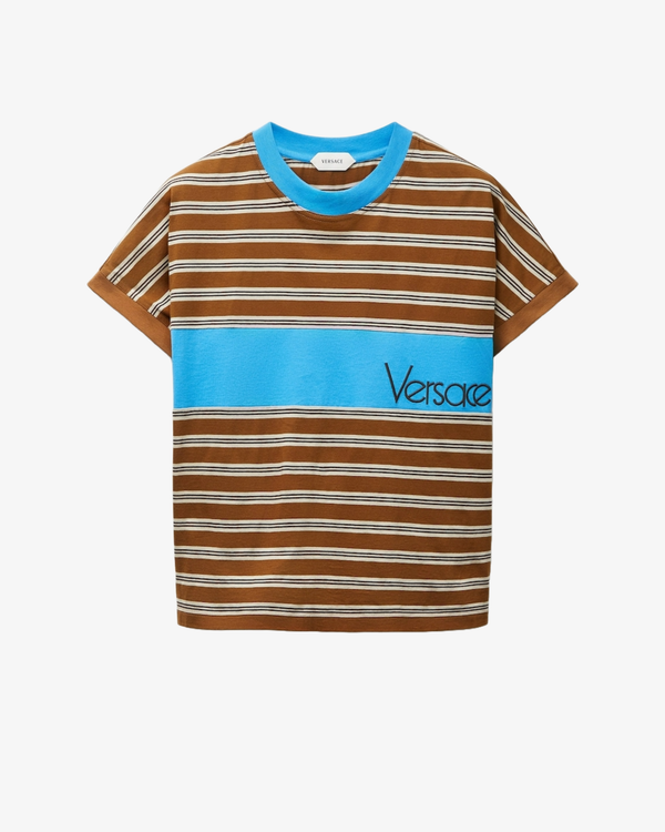 VERSACE - Men's T-Shirt Lightweight Striped Cotton Jersey With Intarsia And Vintage Logo Embroidery - (Stripes)