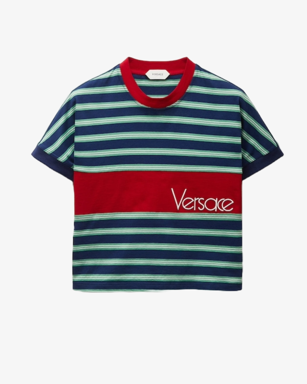 VERSACE - Women's Embroidered-Logo Striped-Intarsia Cotton T-Shirt - (Stripes)