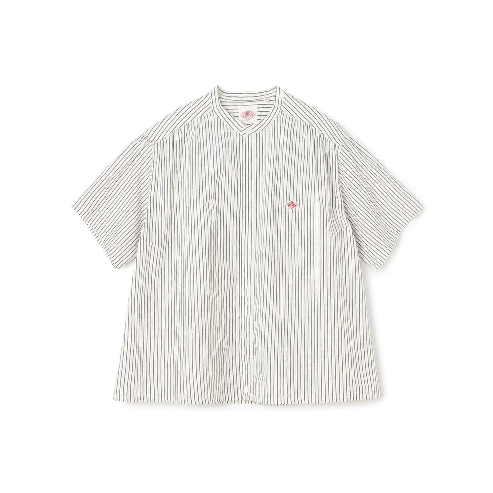 DANTON - Cotton Linen Gathered Shirt - (White x Charcoal) view 1, Click to Zoom in