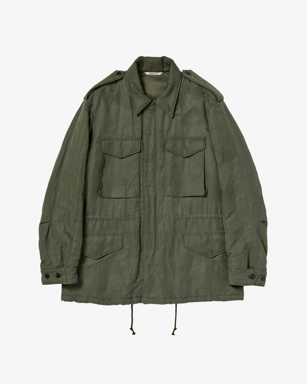 AURALEE - Men's Brushed Silk Linen Satin Padded Military Blouson - (Olive)