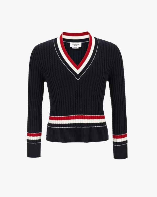 Thom Browne_Thom Browne - Men's Baby Cable V Neck Cricket Pullover - (Navy)_SWEATERS