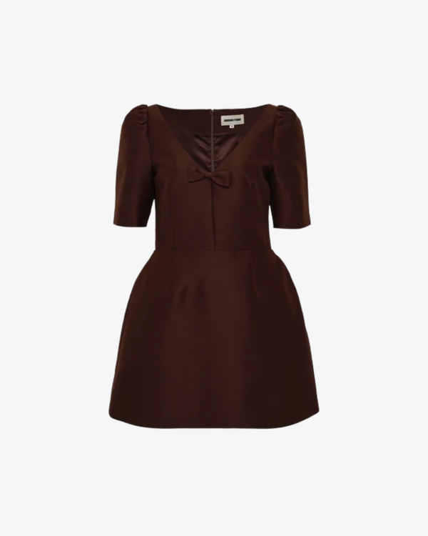 SHUSHU/TONG - Women's V-Neck Bow Mid-Sleeve Dress - (Brown Bn100)