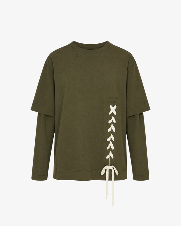 SIMONE ROCHA - Men's Lace Up Hem Layered Long Sleeve T-Shirt - (Khaki)