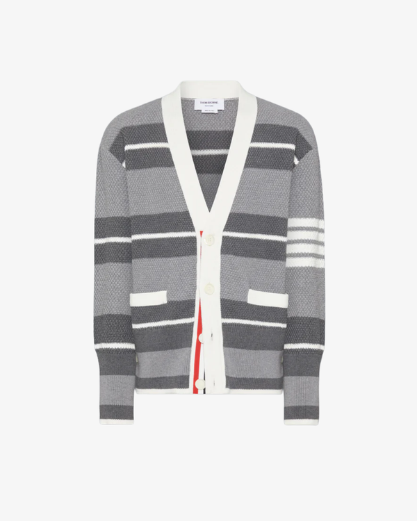 Thom Browne - Men's Classic Stripe Seed Stitch V Neck Cardigan - (Dark Grey)