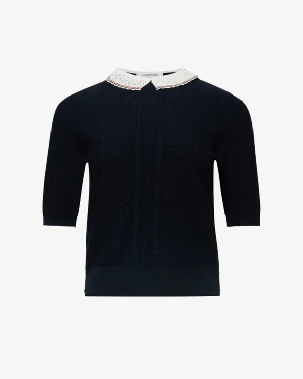 Thom Browne - Women's Bobble Stitch Ss Knit Cotton Lace Trim Tee - (Navy)