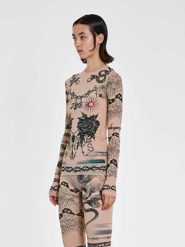 Jean Paul Gaultier_Jean Paul Gaultier - KNWLS Women's Trompe L'Oeil Tattoo Long Sleeve Top - (Nude/Grey/Black)_TEES