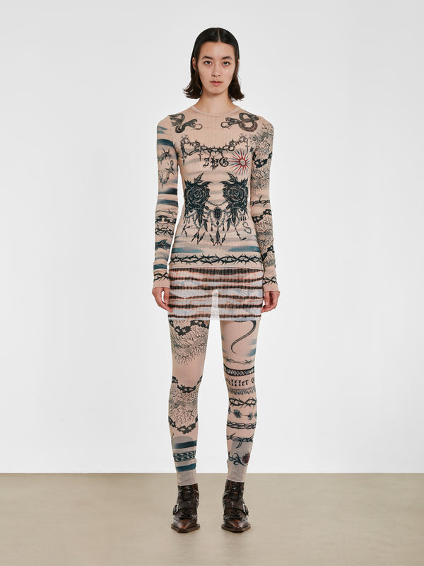 Jean Paul Gaultier_Jean Paul Gaultier - KNWLS Women's Trompe L'Oeil Tattoo Long Sleeve Top - (Nude/Grey/Black)_TEES