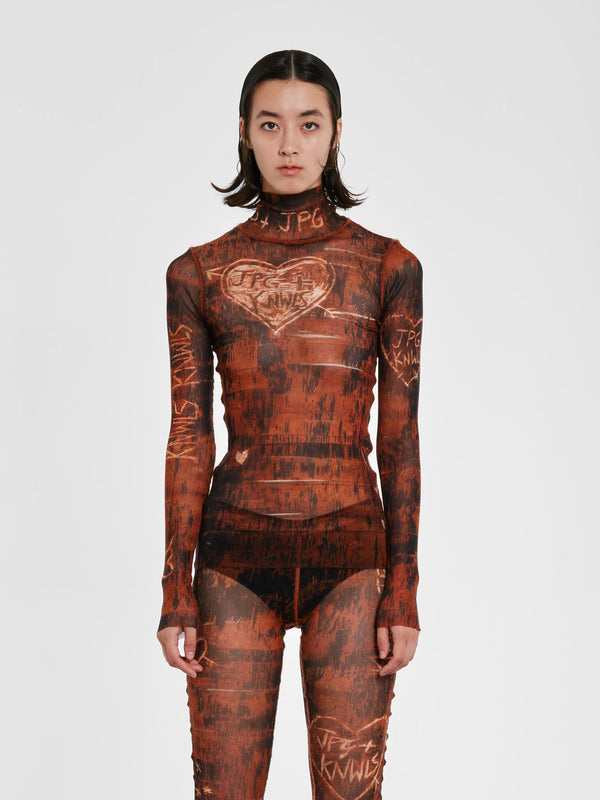 Jean Paul Gaultier_Jean Paul Gaultier - KNWLS Women's Scratch Wood Long Sleeve Printed Top - (Brown/Ecru)_TEES