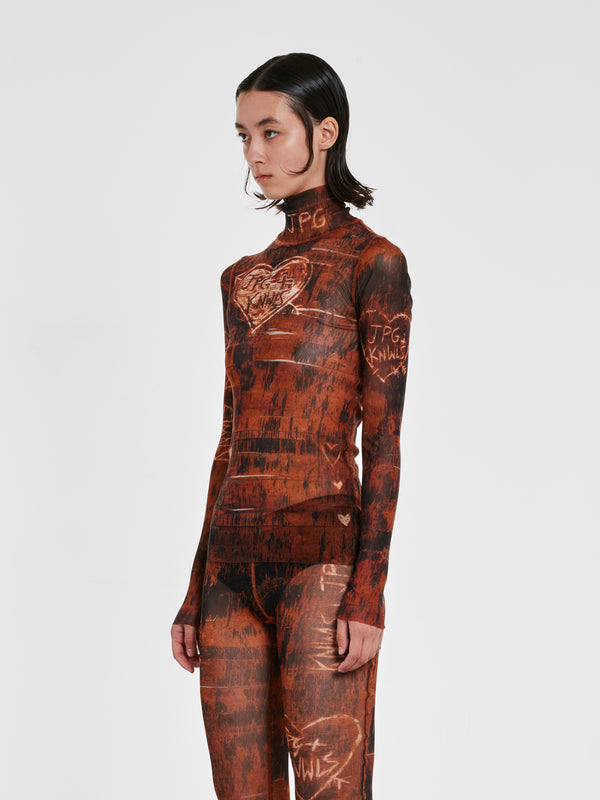 Jean Paul Gaultier_Jean Paul Gaultier - KNWLS Women's Scratch Wood Long Sleeve Printed Top - (Brown/Ecru)_TEES