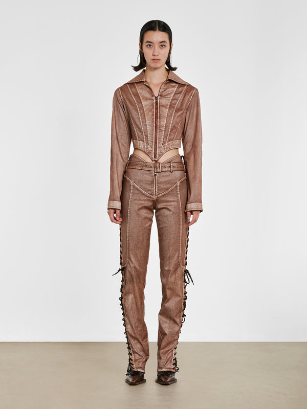 Jean Paul Gaultier_Jean Paul Gaultier - Knwls Women’S Laced Topstitch Jacket - (Brown/Ecru)_JACKETS