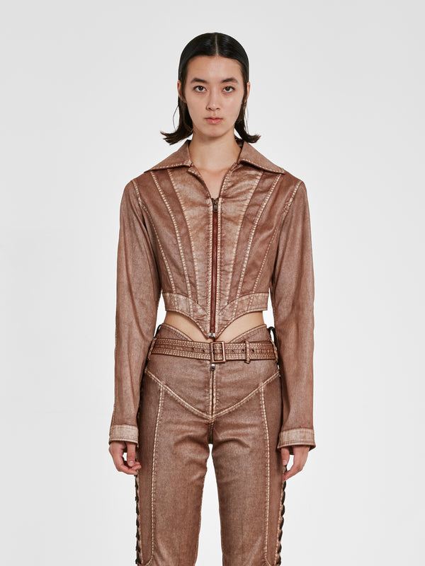Jean Paul Gaultier_Jean Paul Gaultier - Knwls Women’S Laced Topstitch Jacket - (Brown/Ecru)_JACKETS