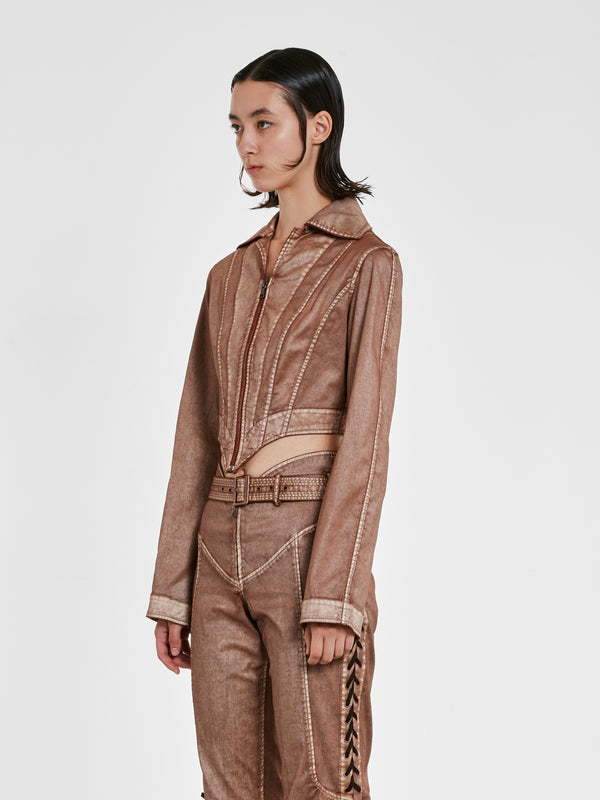 Jean Paul Gaultier_Jean Paul Gaultier - Knwls Women’S Laced Topstitch Jacket - (Brown/Ecru)_JACKETS