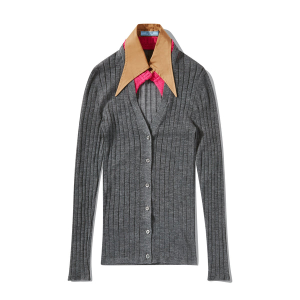 PRADA - Women’s Cashmere and Silk Cardigan with Collar - (Slate Grey)
