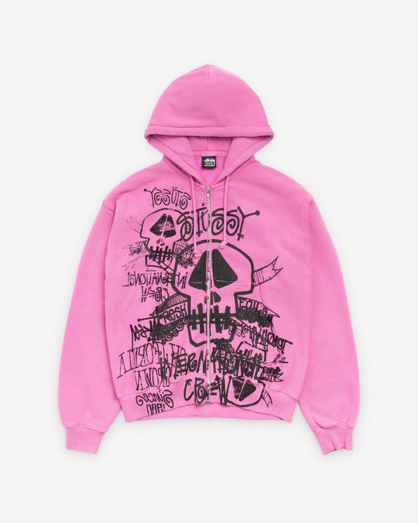 Stüssy  - Men's Skulls Pigment Dyed Zip Hood - (Pink)