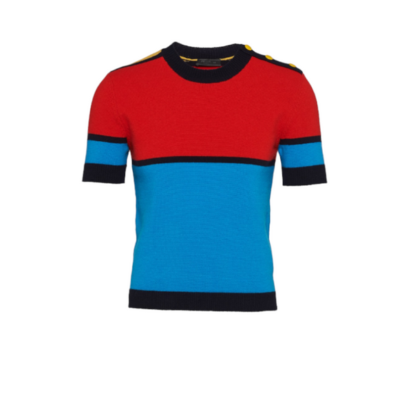 PRADA - Men's Short-Sleeved Lambswool Sweater - Blue/Turquoise/Red